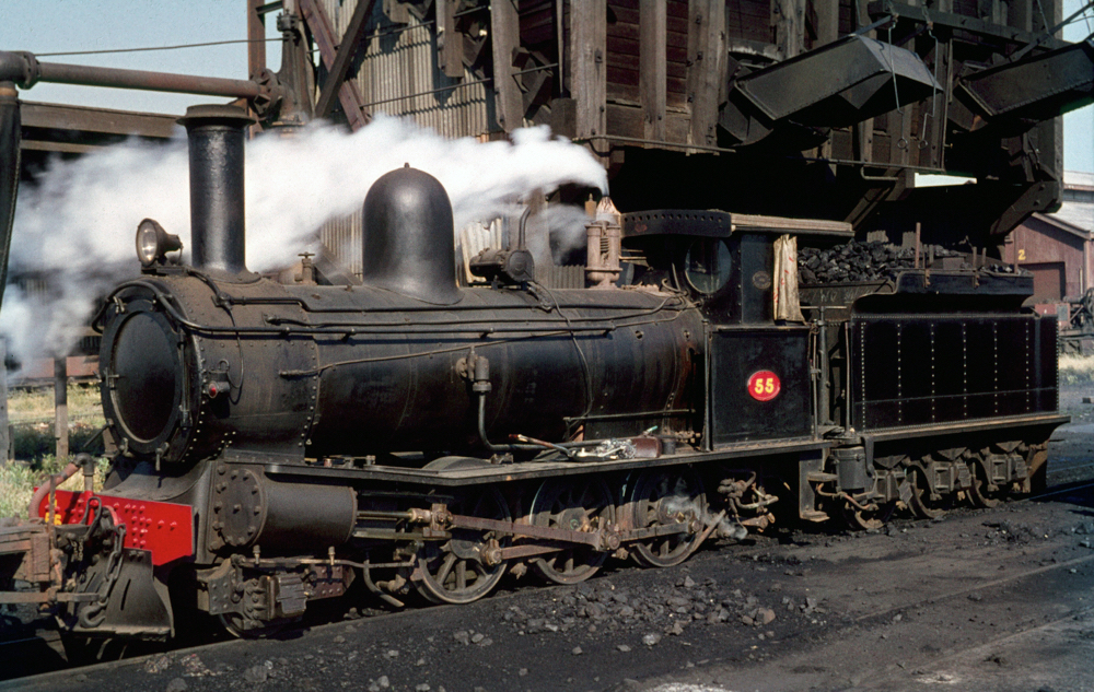 Class G No 55 under the coaling plant at Bunbury 1962