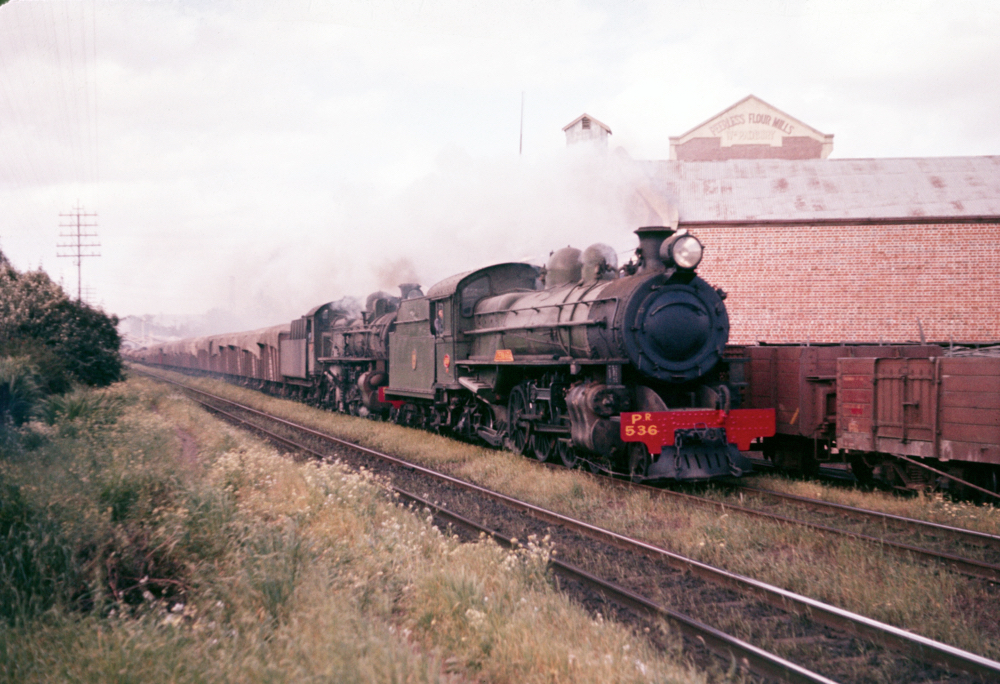 A double header on a grain train. PR 536 'Denmark' leading.