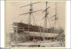 The composite ship 'Torrens', 1276 tons, undergoing repairs on Fletcher's Slip, Port Adelaide. She returned to England, with a straight stem, where a new bow was fitted 1899.jpg
