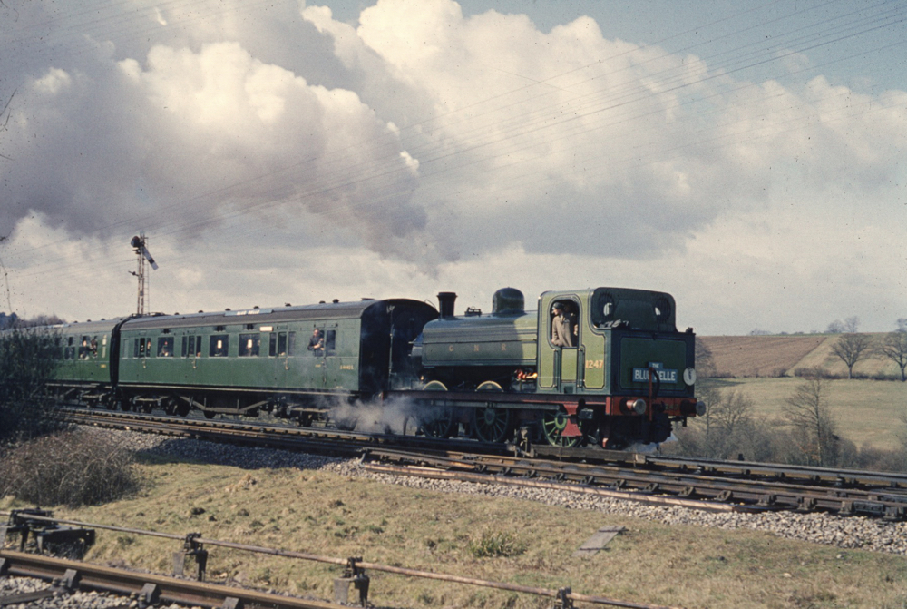 GNR No 1247 approaches Horstead Keynes from Ardingly and Haywards Heath on 1st April 1962. A destination the Bluebell aspire to in the future